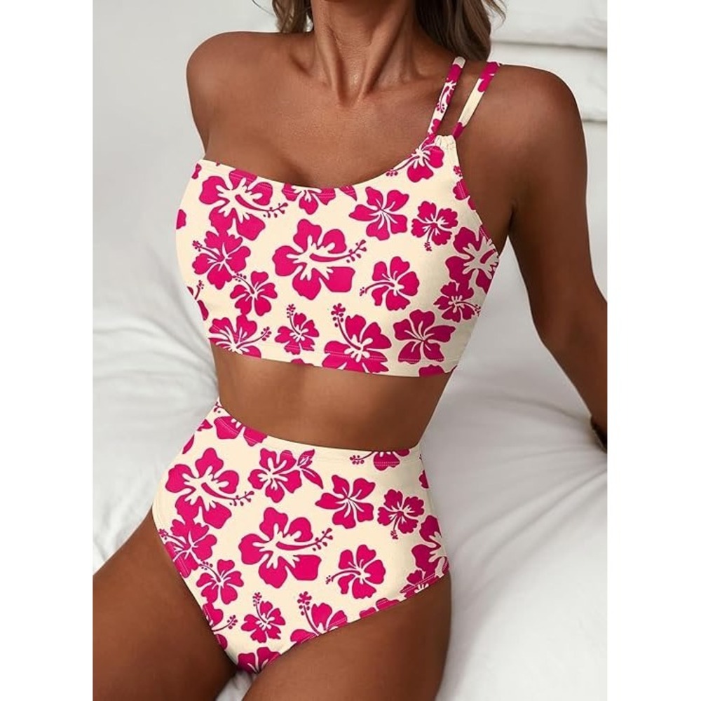 Herseas Pink Hibiscus Floral One Shoulder High Waisted Bikini Set Two Piece NWOT